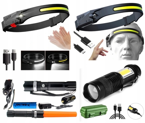 LATARKA CZOŁOWA USB + 2 LATARKI TAKTYCZNE ZESTAW